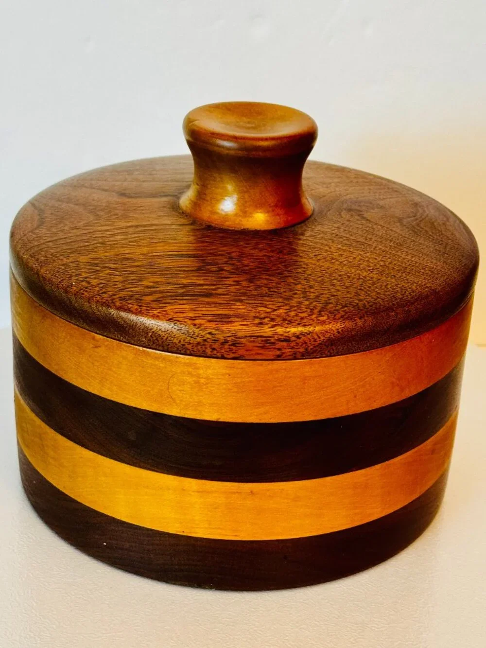 Handmade Turned Wood Round Box 7x7 Trinket Box with Lid 4 Layer Cabin READ